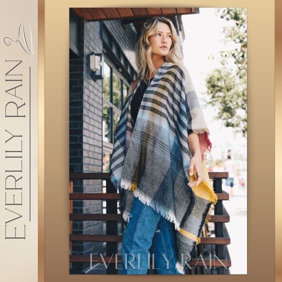 CLEARANCE! LAST 1 Colorful Plaid Wrap Style Poncho - Picture 6 of 12